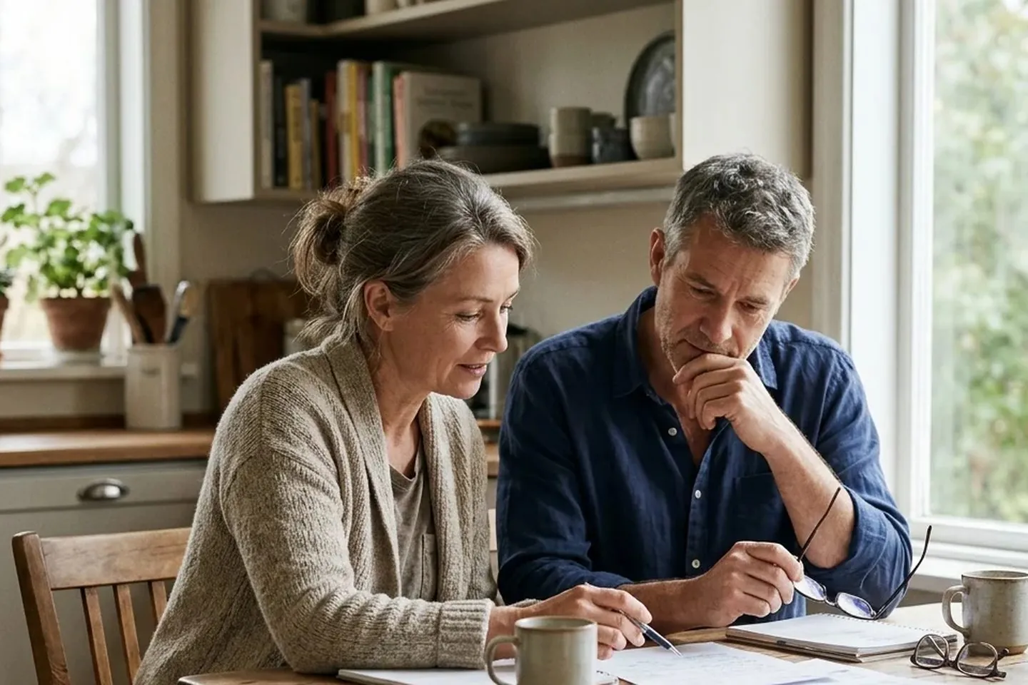 A couple in their fifties reviewing papers at a kitchen table